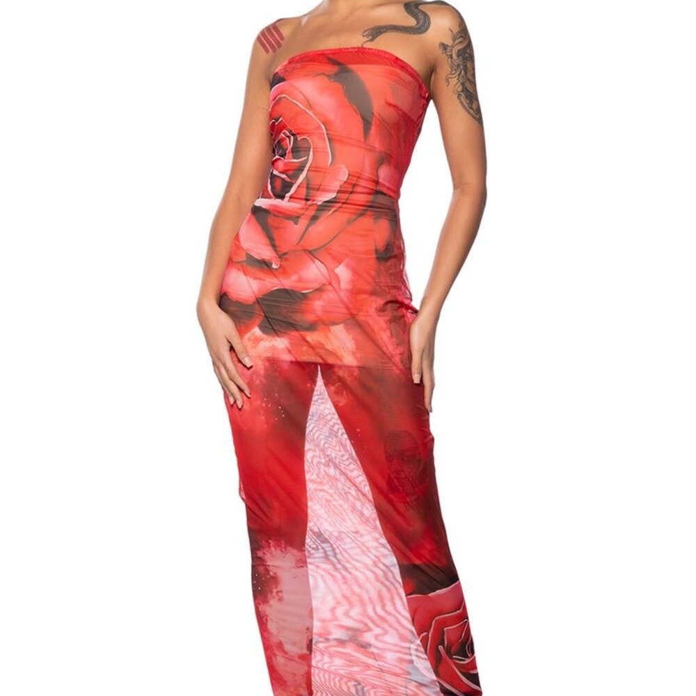 Xena Red Rose Mesh Maxi Coverup Dress Plus Size M - Picture 6 of 6